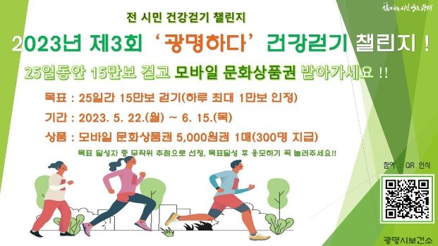 광명시보건소는 오는 5월 22일부터 6월 15일까지 2023년 제3회 ‘광명하다’ 건강 걷기 챌린지를 운영한다.