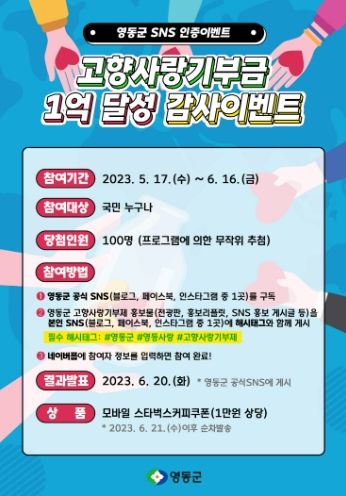 영동군, 고향사랑기부금 1억원 달성 감사 이벤트