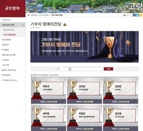 고령군, 고향사랑기부제‘온라인 명예의전당’ 개설