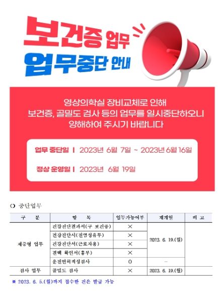 안성시보건소, 제증명 및 골밀도 검사 업무 일시 중단 안내