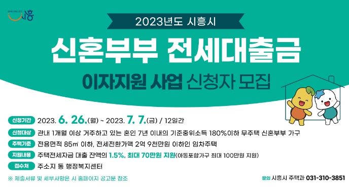 시흥시, 신혼부부전세대출금 이자지원 최대 100만원