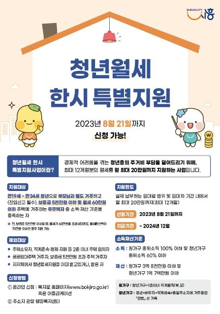 시흥시, 청년월세 한시 특별지원 신청 접수... 8월 21일까지